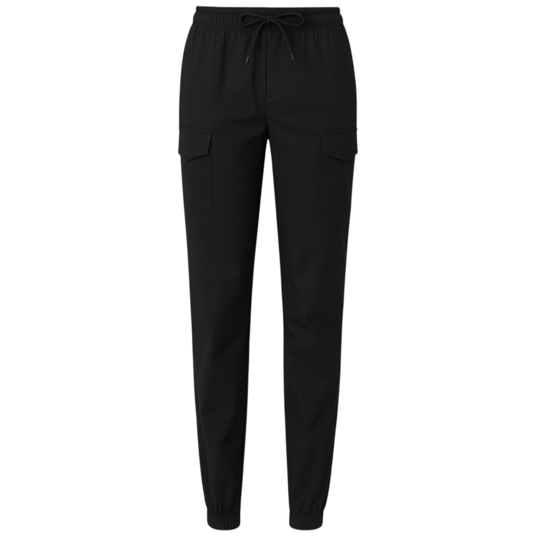 Ladies high quality stretch cargo trousers in black with elastic waistband, drawstring tie, and side pockets